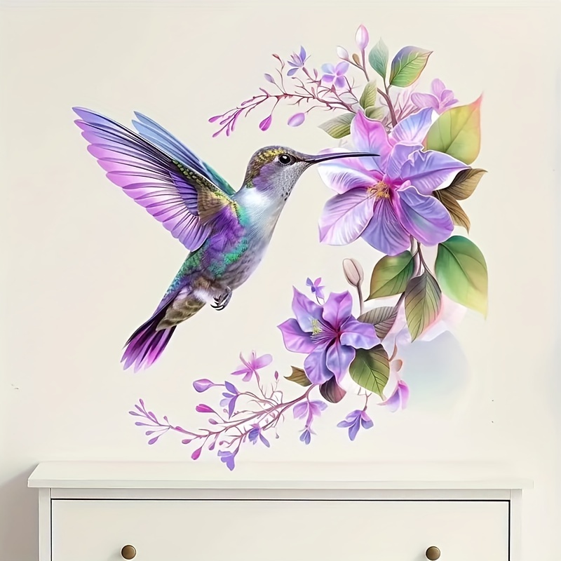 Pvc Panel Background - 1枚の紫色の花とハチドリのステッカー、取り外し可能な粘着式ウォールデカール、部屋や寝室の壁の背景ステッカーに最適